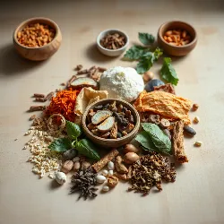 Assortment of traditional Chinese medicine herbs and natural ingredients