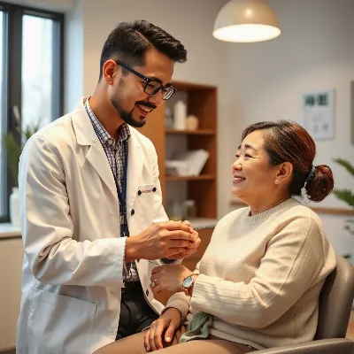 Ultra high-quality photorealistic image of a friendly, professional acupuncturist consulting with a patient in a clean, modern clinic setting, emphasizing trust and care.