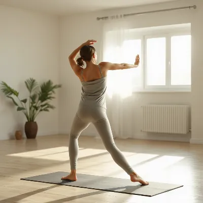Ultra high-quality photorealistic image of a person performing gentle stretching or yoga in a serene, sunlit room, emphasizing calm and movement.